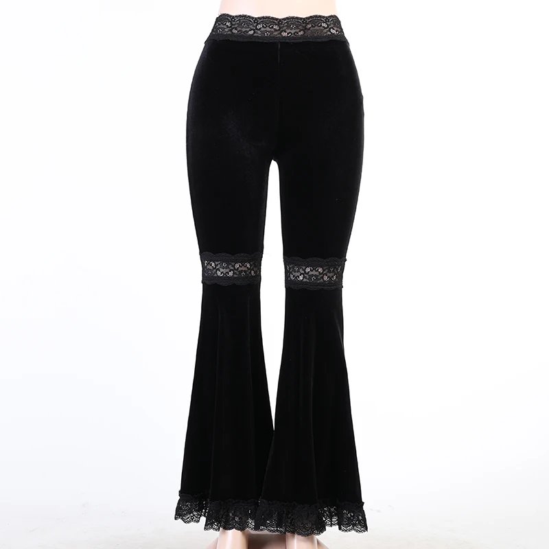 Gothic Black Lace Mesh Flared Pants