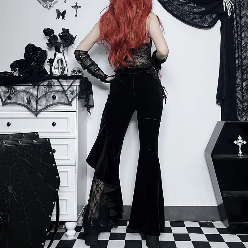 Gothic Black Lace Mesh Flared Pants