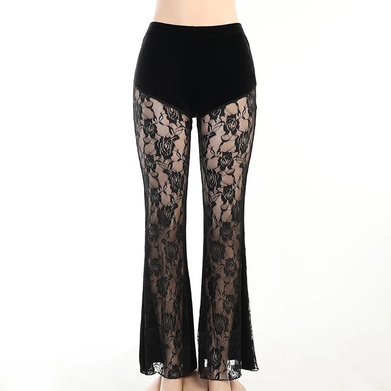 Gothic Black Lace Mesh Flared Pants