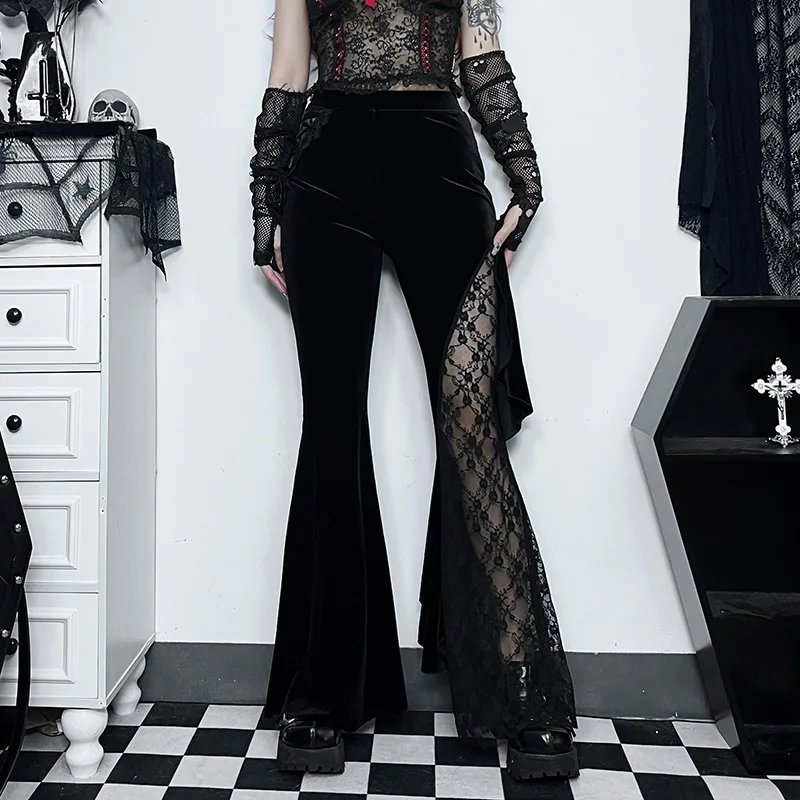 Gothic Black Lace Mesh Flared Pants