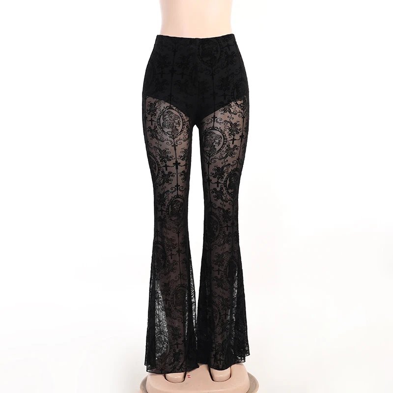 Gothic Black Lace Mesh Flared Pants