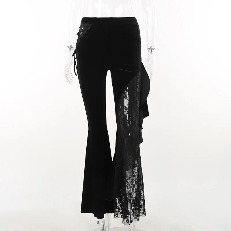 Gothic Black Lace Mesh Flared Pants