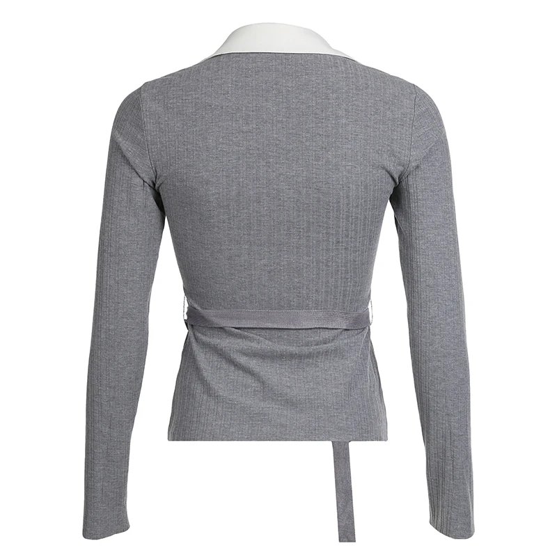 Casual Turn-down Collar Long Sleeve Fitted Top