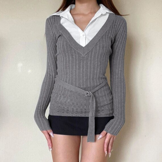 Casual Turn-down Collar Long Sleeve Fitted Top