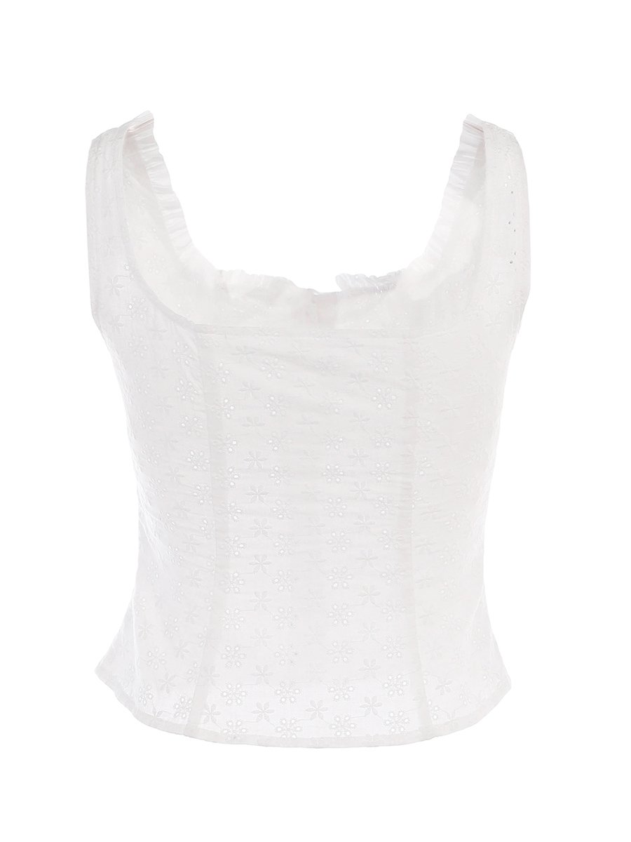 Ruffle Eyelet Button Cutout Tank Tops