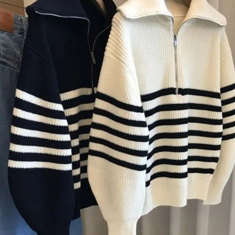 Turtleneck Loose Lapel Striped Knitwear