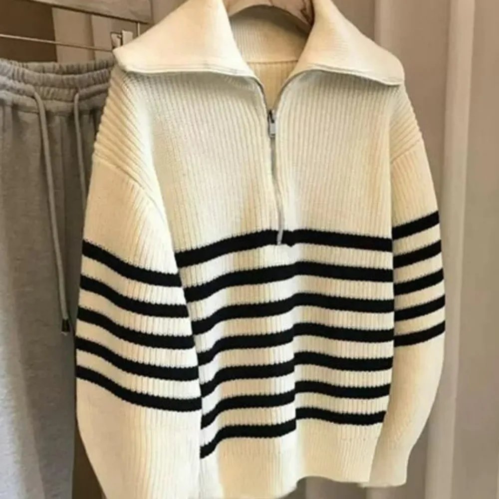 Turtleneck Loose Lapel Striped Knitwear