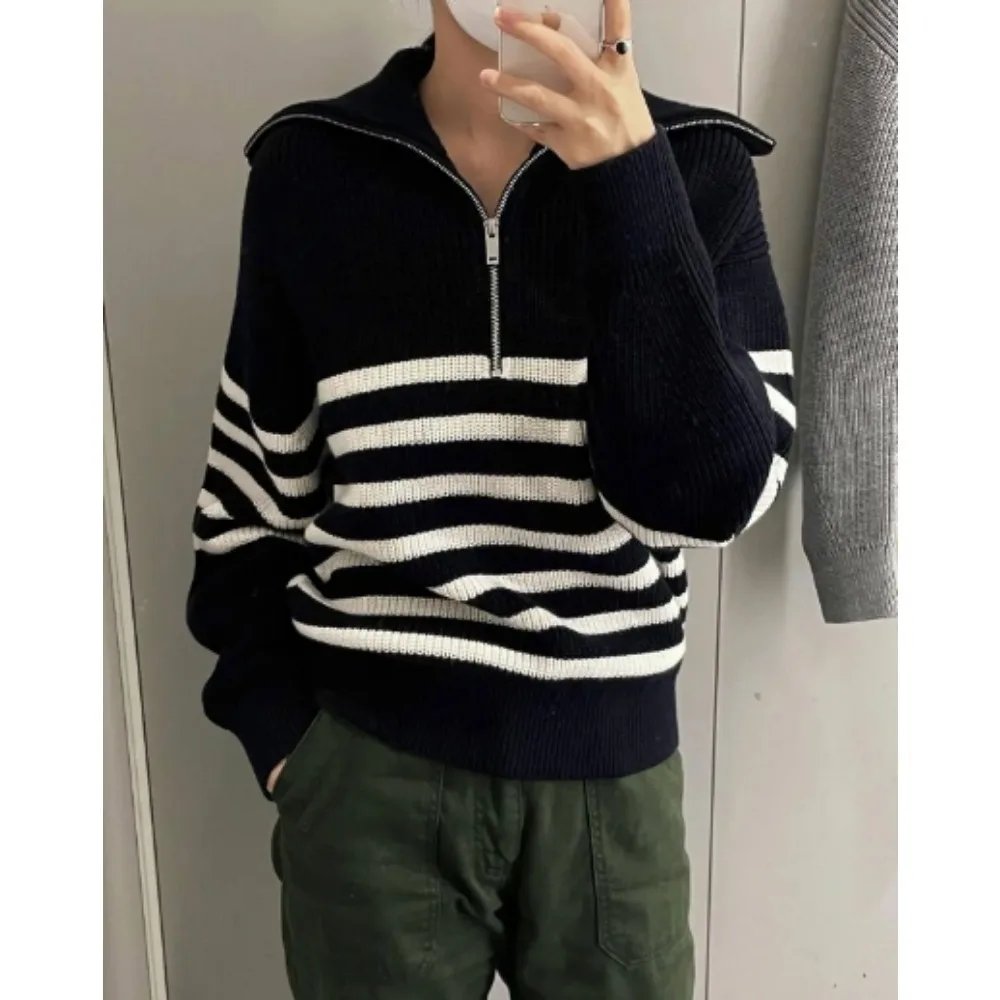 Turtleneck Loose Lapel Striped Knitwear