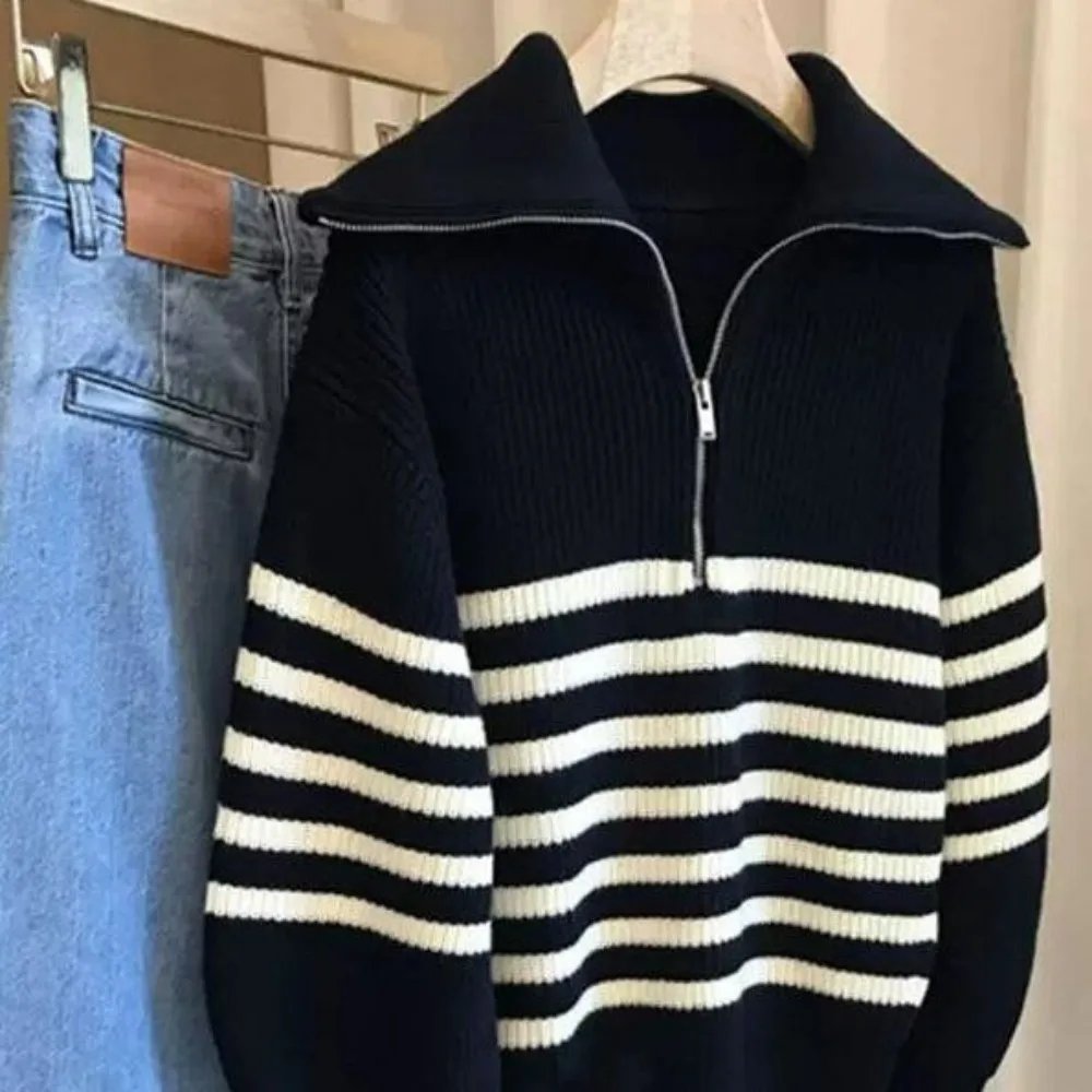 Turtleneck Loose Lapel Striped Knitwear