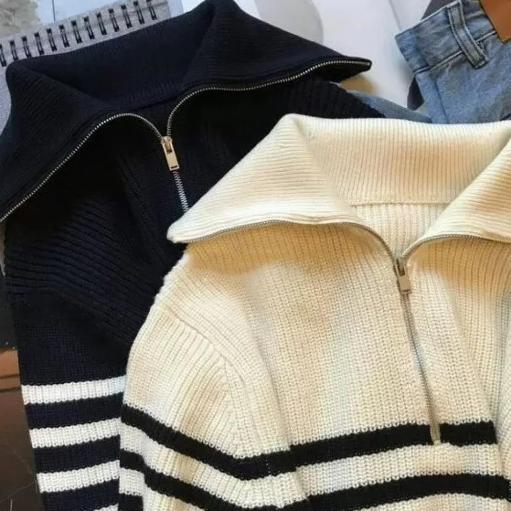 Turtleneck Loose Lapel Striped Knitwear