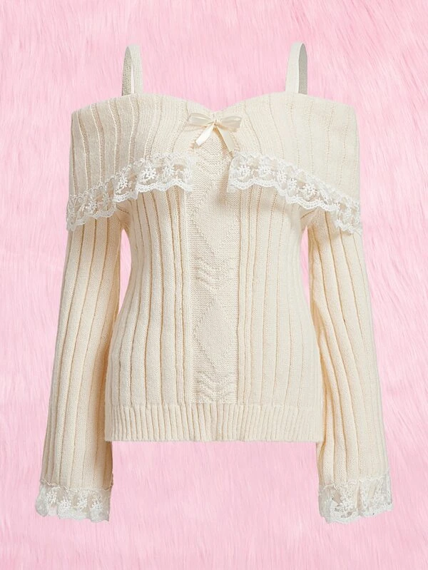 Bow Lace Off Shoulder Knit Sweater