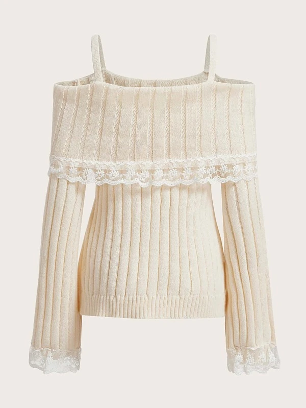 Bow Lace Off Shoulder Knit Sweater