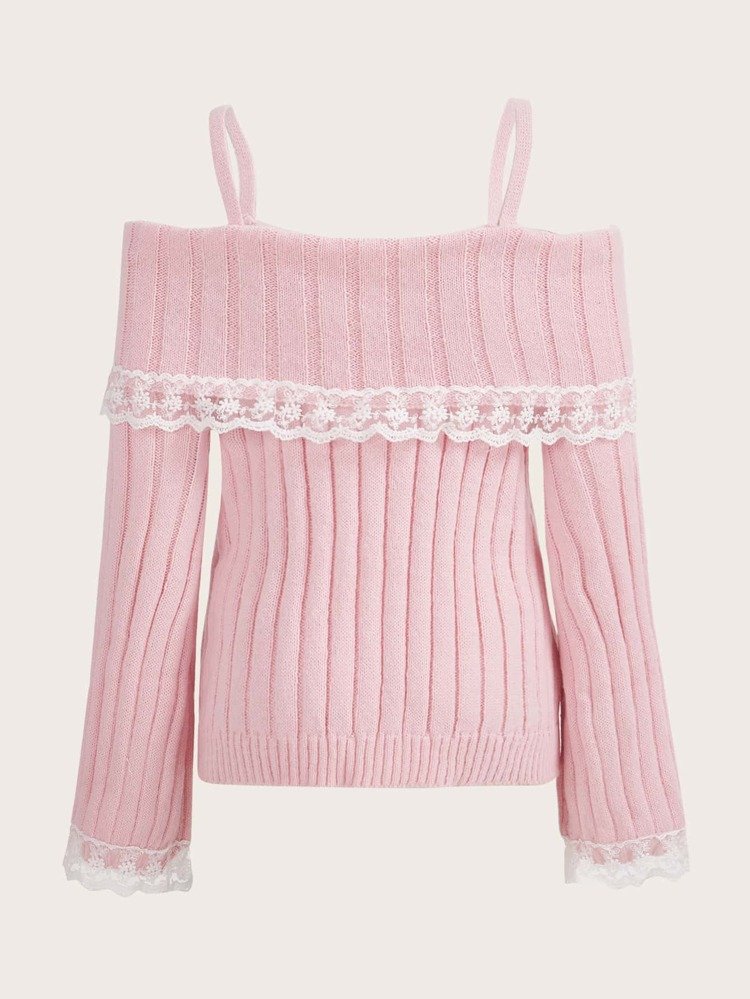 Bow Lace Off Shoulder Knit Sweater