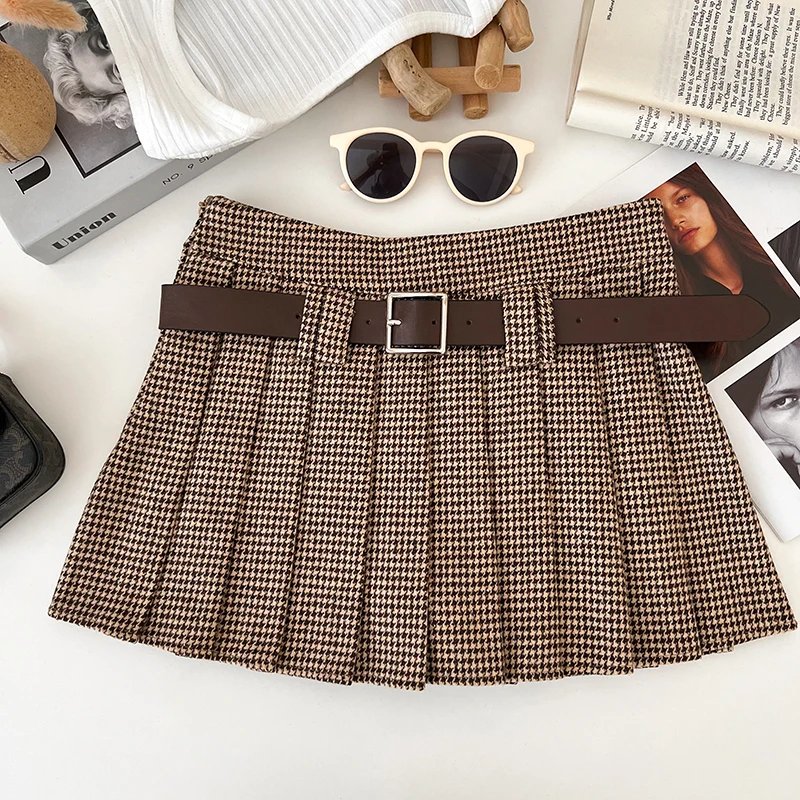 Houndstooth Mini Skirt with Belt