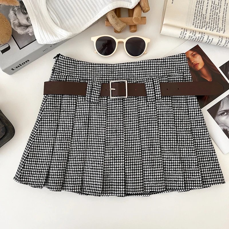 Houndstooth Mini Skirt with Belt