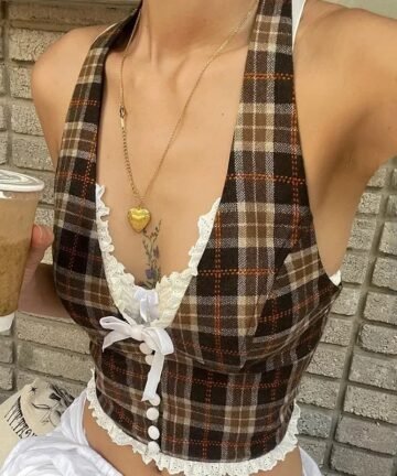 Bow Plaid Halter Backless Tank Tops