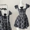 Plaid Bow Short Sleeve Pleated Fluffy Dress