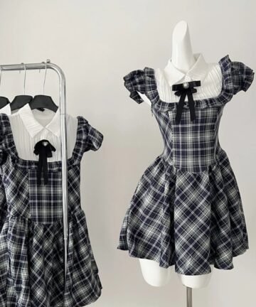 Plaid Bow Short Sleeve Pleated Fluffy Dress