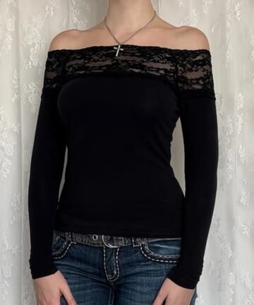 Black Lace Stitched Slash Neck Crop Top