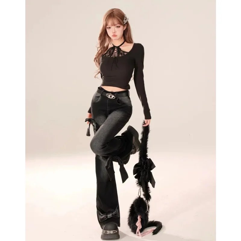 Bow Knot High Waist black jeans