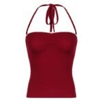 Red Lace Trim Folds Skinny Halter Top