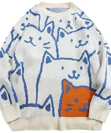 cat Print Loose Knitted Sweater