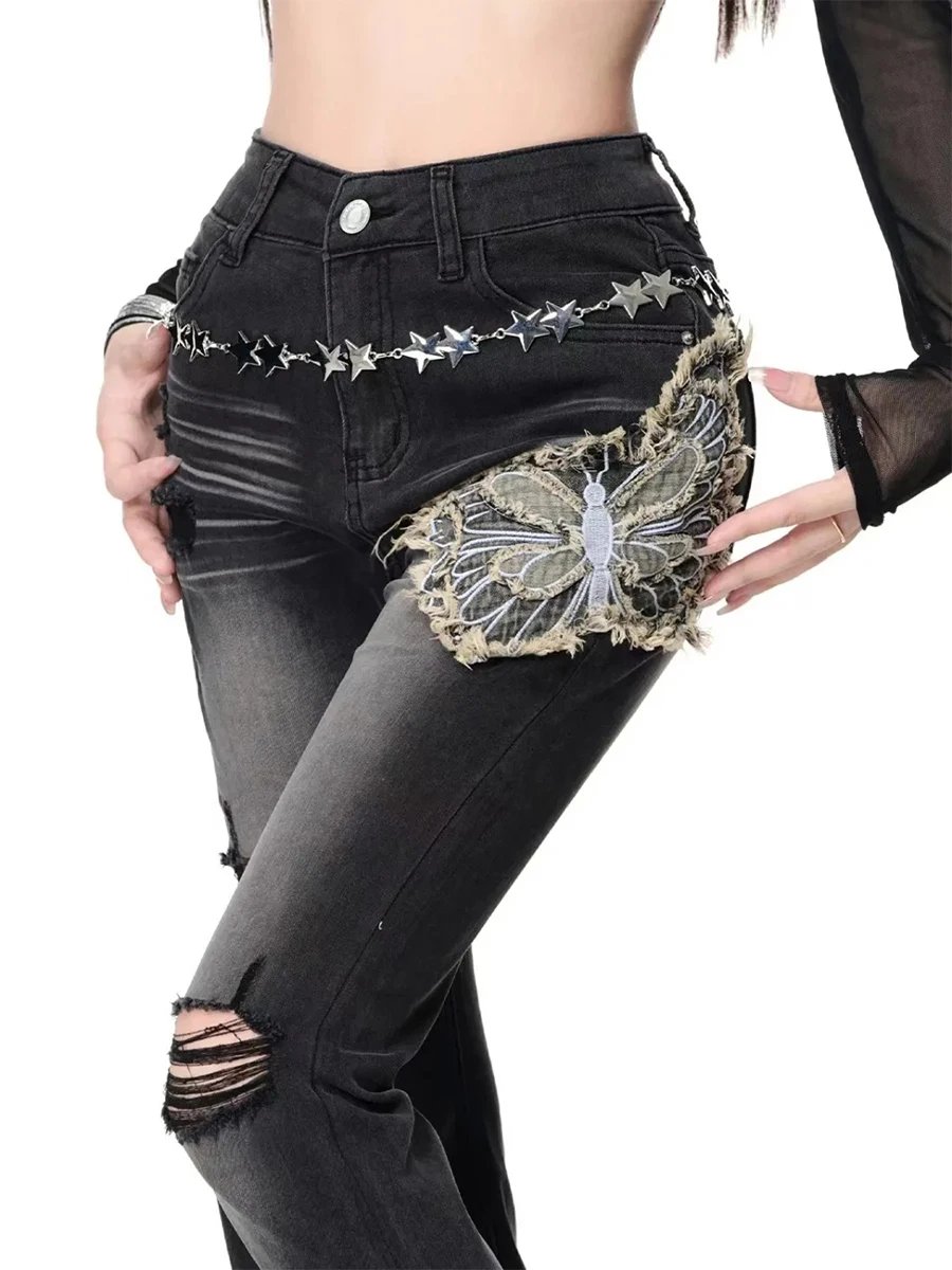 Butterfly Low Rise Damage Denim Flare jeans