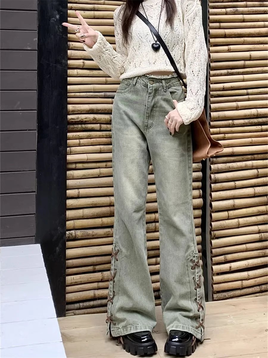 Strappy Green Washed Micro-flared Jeans