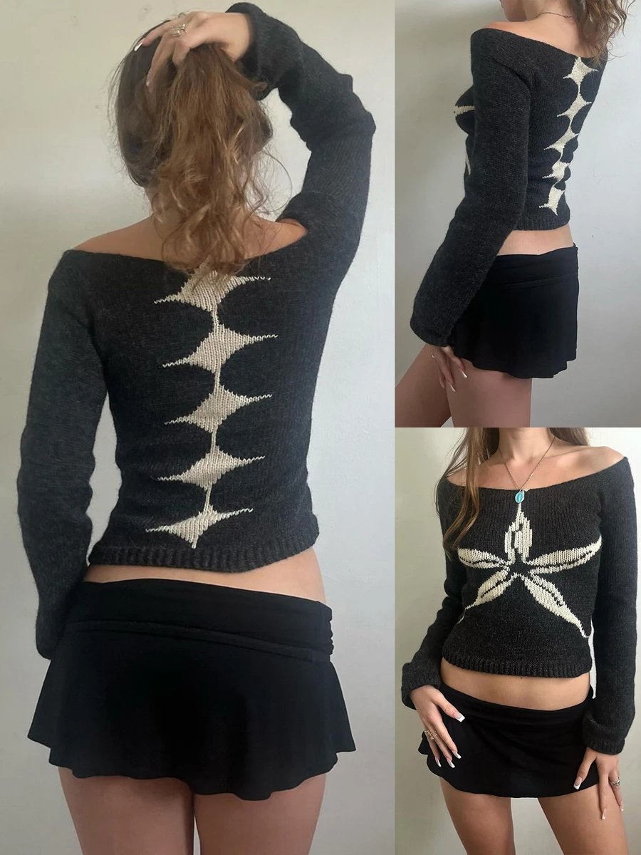 Off Shoulder Knit Crop Tops Long Sleeve Floral Printed Off Shoulder Knit Crop Tops Long Sleeve Floral Printed