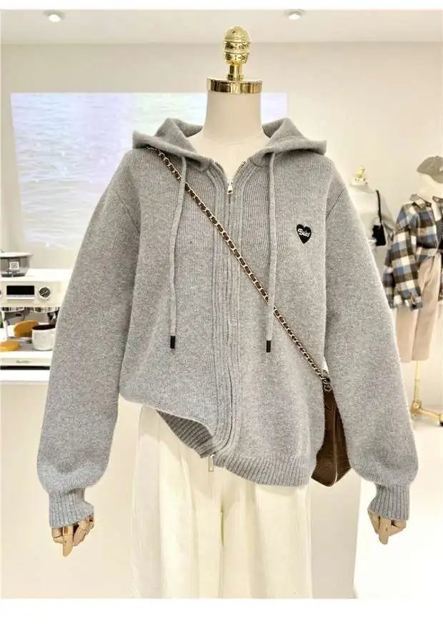 Embroidery Heart Hooded Knitted Cardigan Embroidery Heart Hooded Knitted Cardigan