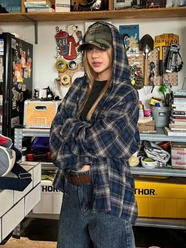 Vintage Plaid Hooded Shirt Women
