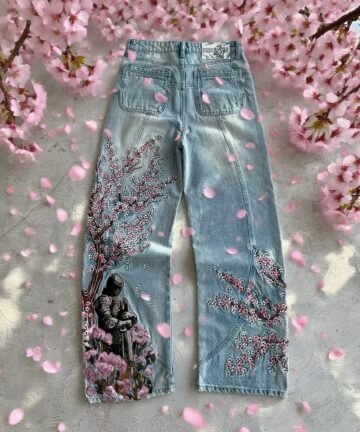 Vintage Cherry Blossom Knight Embroidery jeans