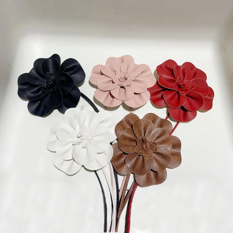 Bohemian PU Leather Waist Belt - Large Flower Tie Wrap Sash with Bow for Dress Decoration