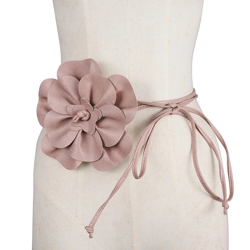Bohemian PU Leather Waist Belt - Large Flower Tie Wrap Sash with Bow for Dress Decoration