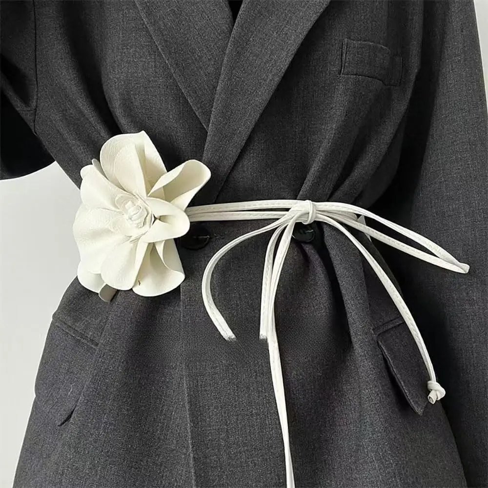 Bohemian PU Leather Waist Belt - Large Flower Tie Wrap Sash with Bow for Dress Decoration