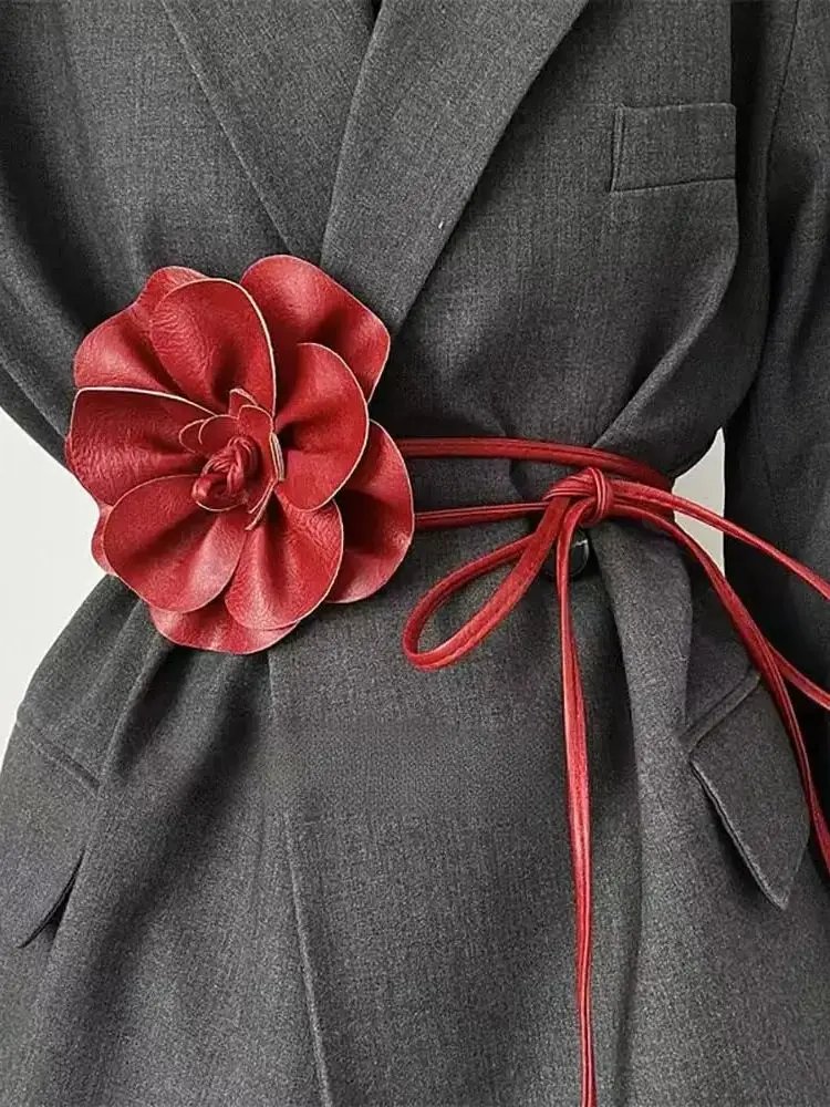 Bohemian PU Leather Waist Belt - Large Flower Tie Wrap Sash with Bow for Dress Decoration