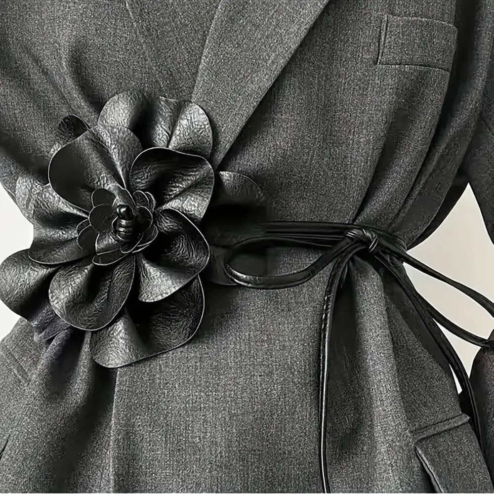Bohemian PU Leather Waist Belt - Large Flower Tie Wrap Sash with Bow for Dress Decoration