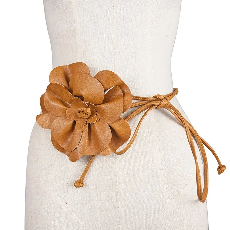 Bohemian PU Leather Waist Belt - Large Flower Tie Wrap Sash with Bow for Dress Decoration