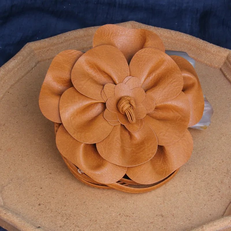 Bohemian PU Leather Waist Belt - Large Flower Tie Wrap Sash with Bow for Dress Decoration