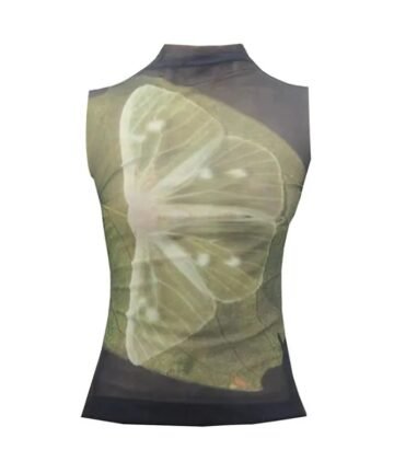Butterfly Print Mesh Turtleneck Top