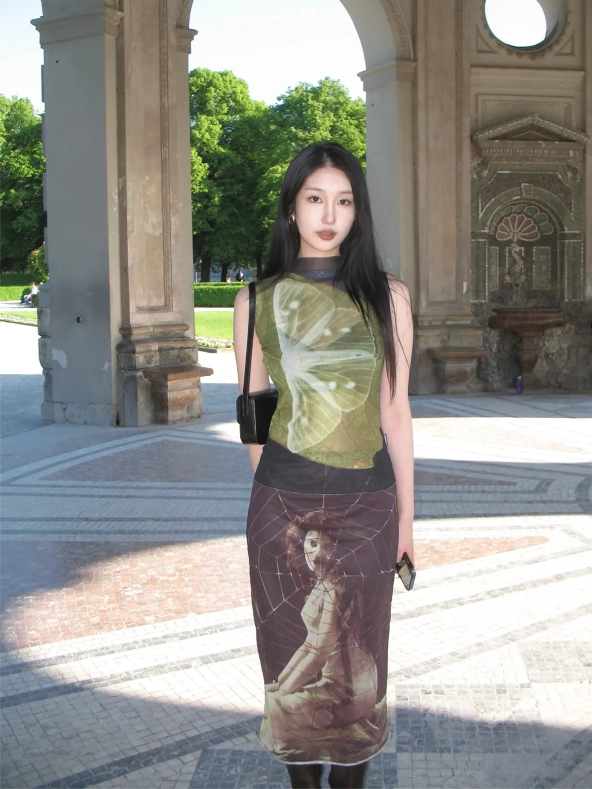 Butterfly Print Mesh Turtleneck Top