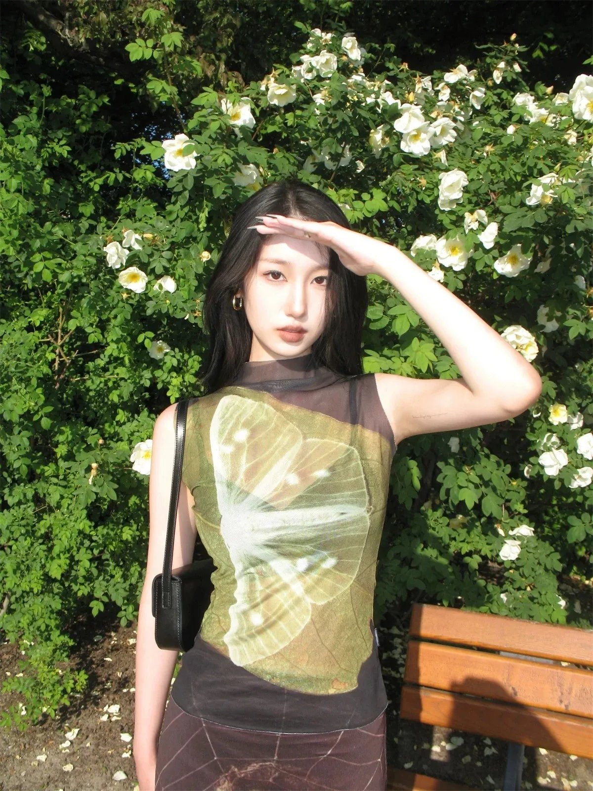 Butterfly Print Mesh Turtleneck Top
