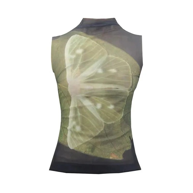 Butterfly Print Mesh Turtleneck Top